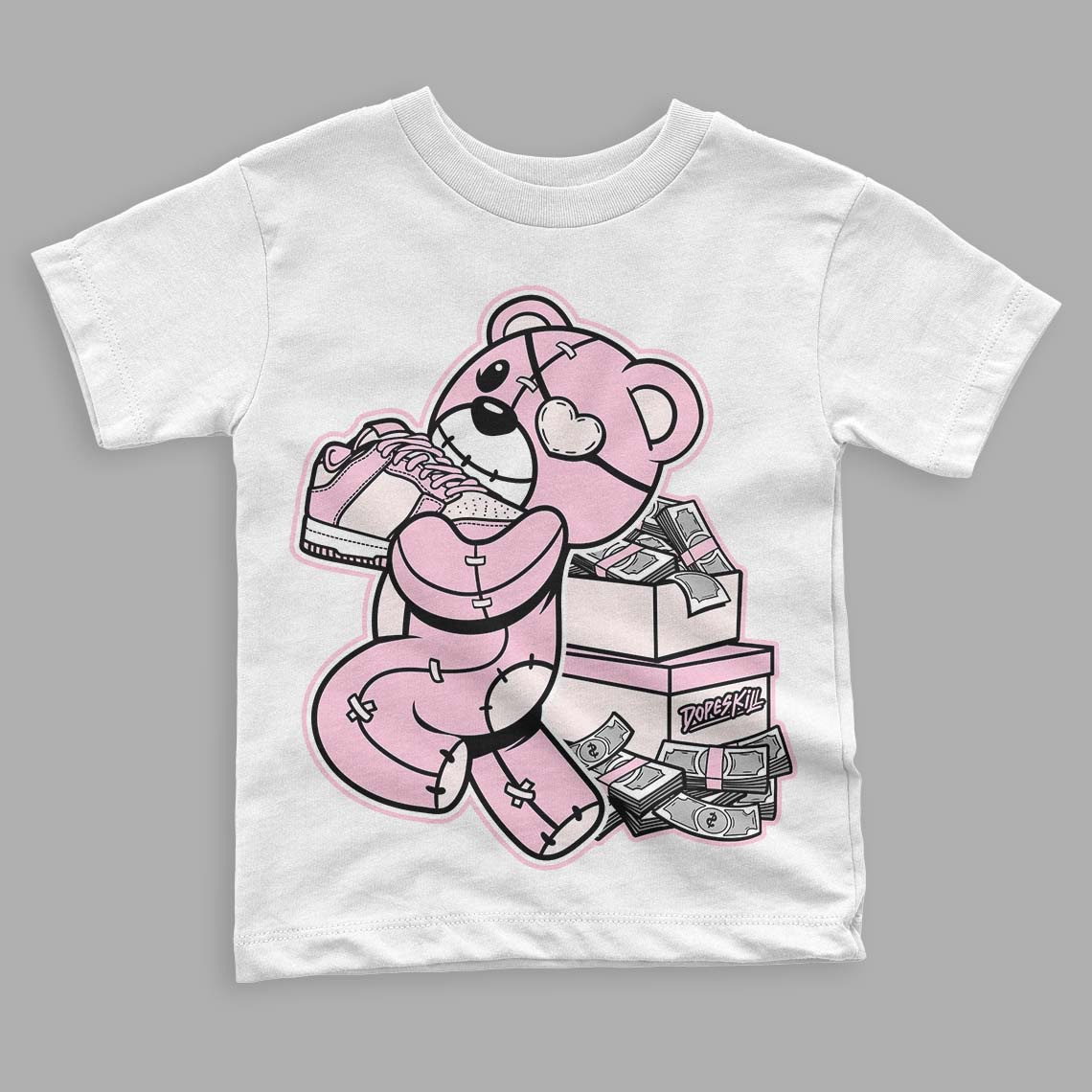 Dunk Low LX Pink Foam DopeSkill Toddler Kids T-shirt Bear Steals Sneaker Graphic Streetwear - White