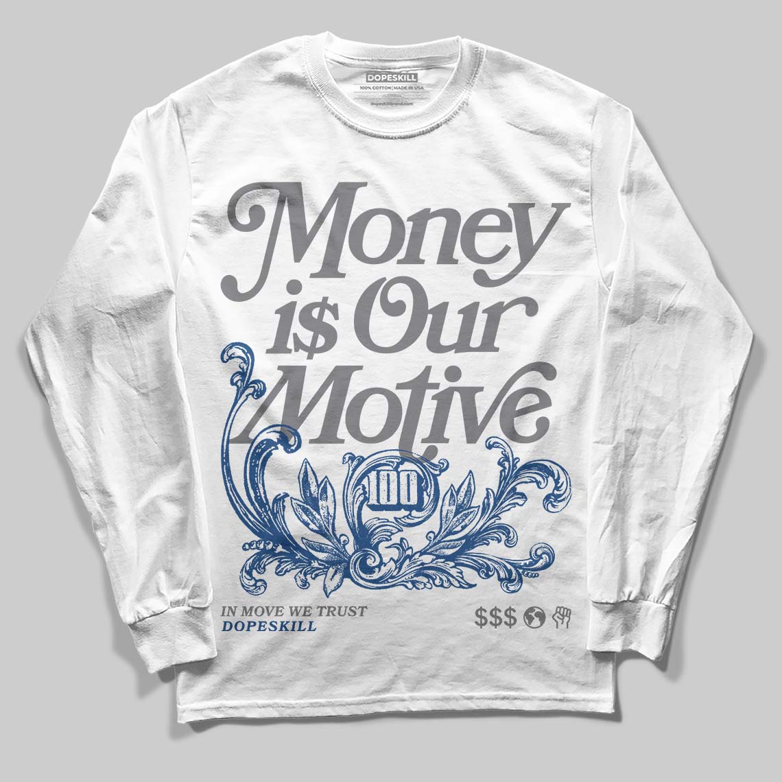 Jordan 9 Retro 'Flint Grey' 2026 DopeSkill Long Sleeve T-Shirt Money Is Our Motive Typo Graphic Streetwear - White