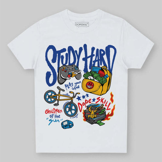 Royal Blue Sneakers DopeSkill Toddler Kids T-shirt Study Hard Graphic Streetwear - White