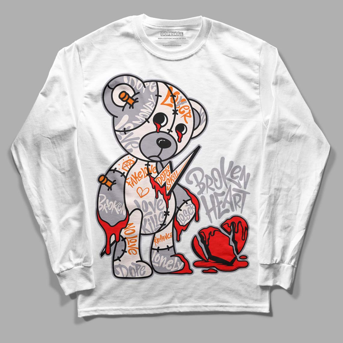 Jordan 2 Cement Grey DopeSkill Long Sleeve T-Shirt Broken Heart Graphic Streetwear - White