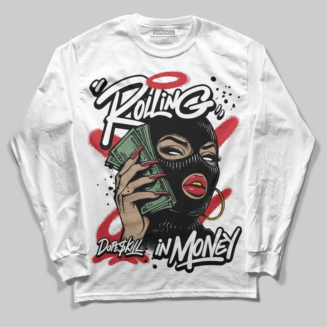 Jordan 11 Retro Low Bred (2025) DopeSkill Long Sleeve T-Shirt Rolling in Money Graphic Streetwear - White