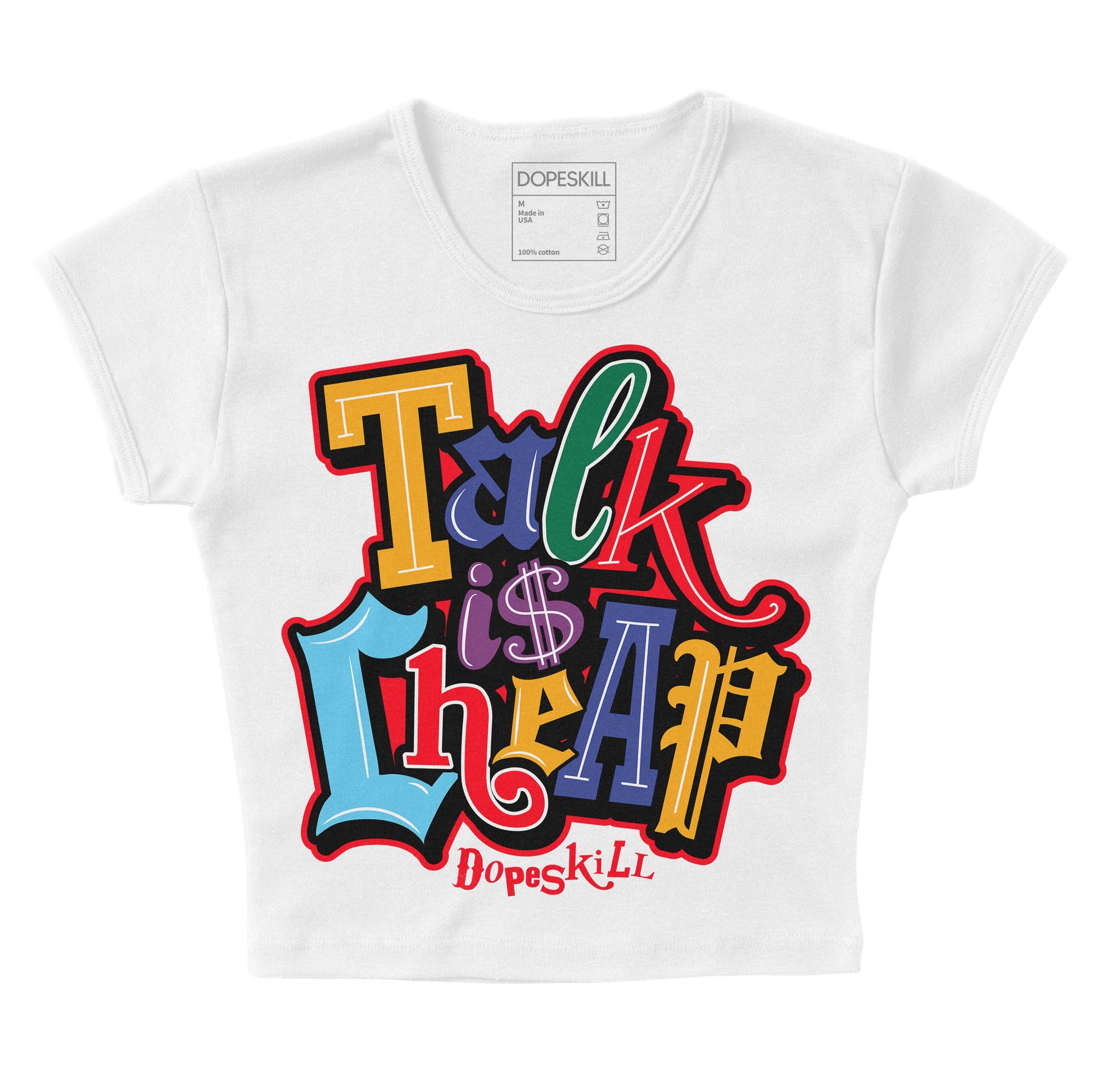 Jordan 1 Mid GS 'Six Championships' DopeSkill Women's Crop Top Talk Is Chip Graphic Streetwear - White