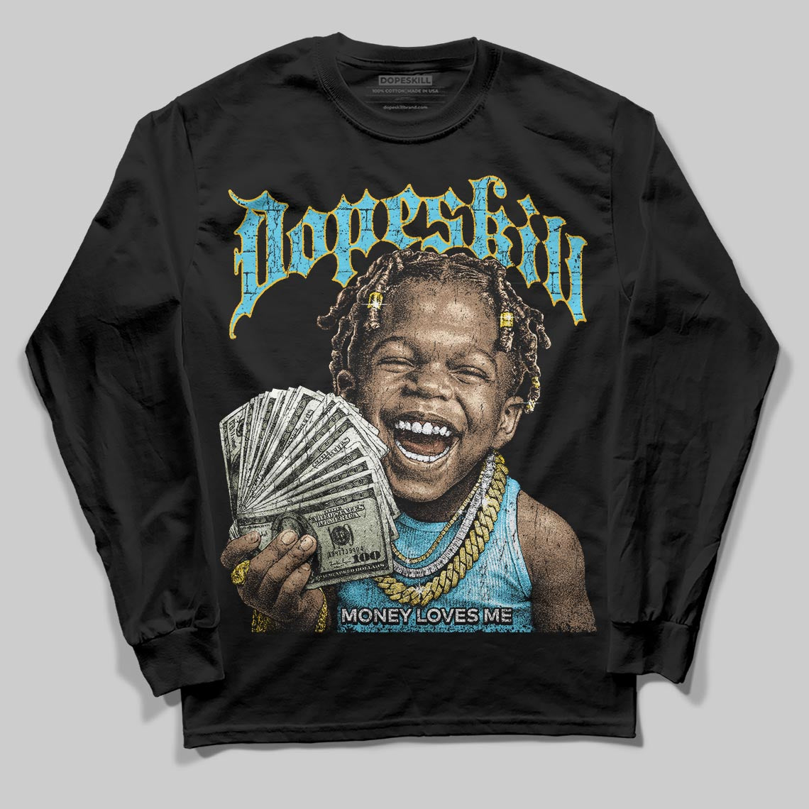 Jordan 11 Retro Gamma Blue (2025) DopeSkill Long Sleeve T-Shirt Money Loves Me Graphic Streetwear - Black