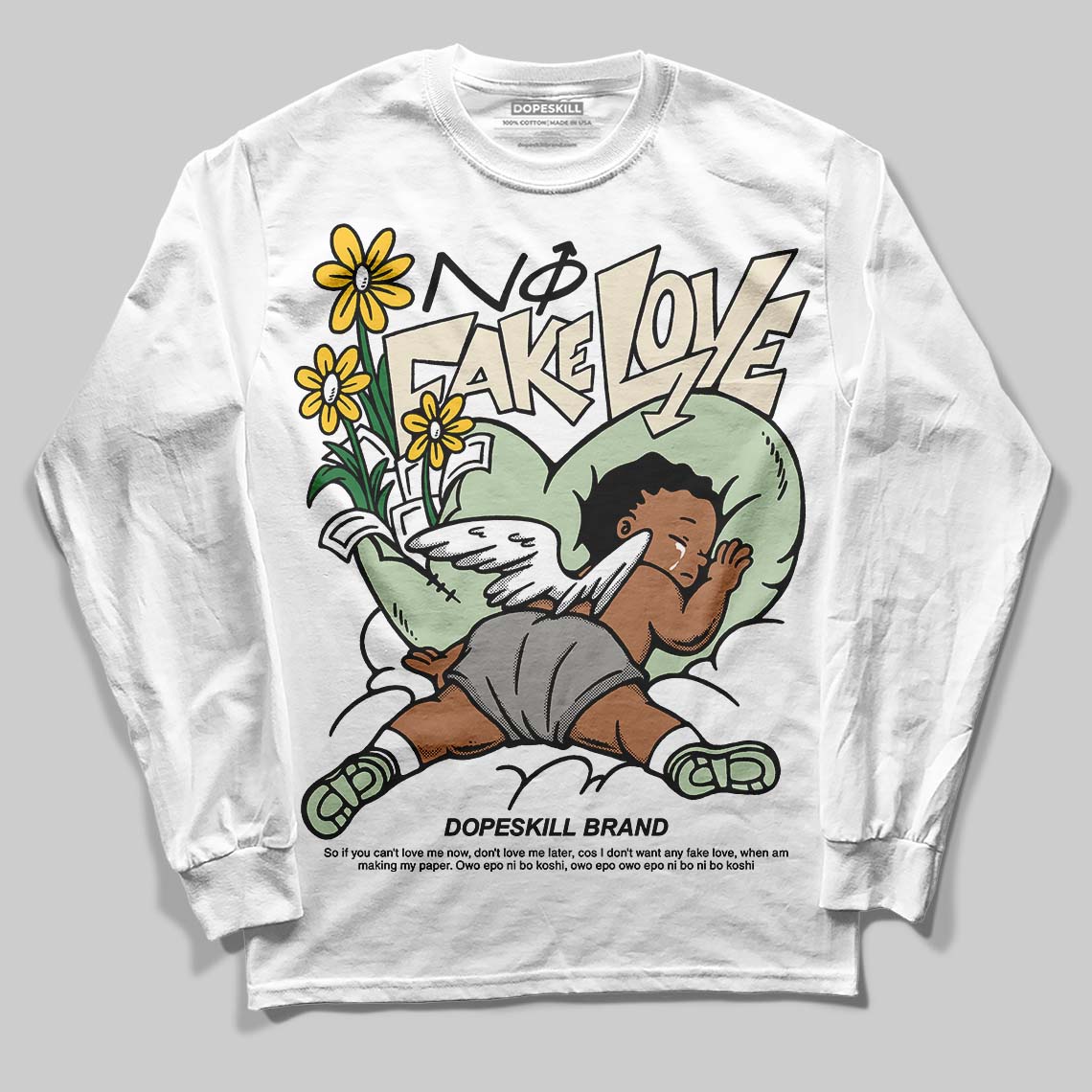 Jordan 4 WMNS “Seafoam” (2025) DopeSkill Long Sleeve T-Shirt No Fake Love Graphic Streetwear - White