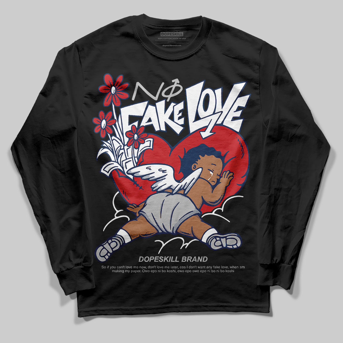 Jordan 4 SB “Summit White/Navy” DopeSkill Long Sleeve T-Shirt No Fake Love Graphic Streetwear - Black