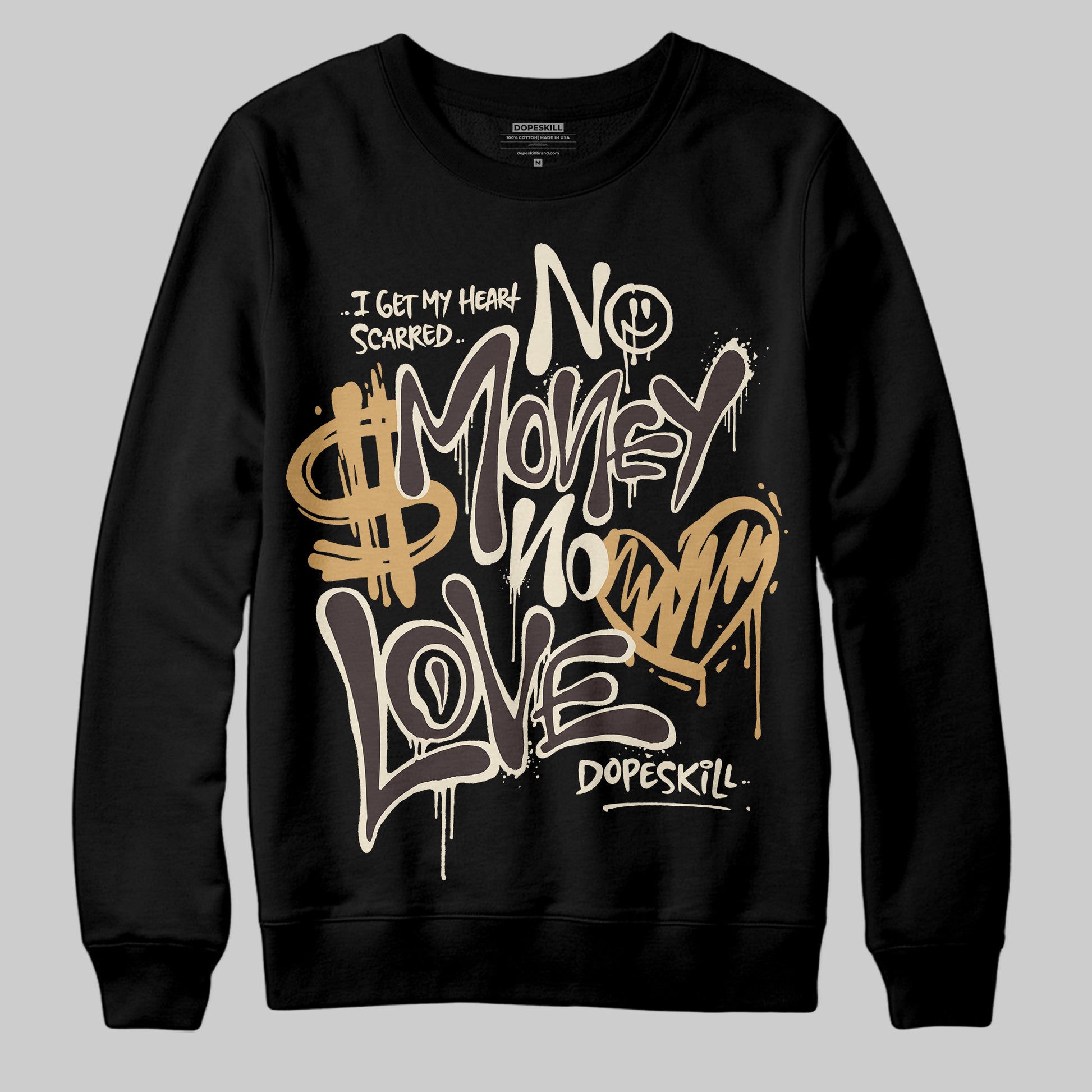 Jordan 5 “Earth/Metallic Gold” DopeSkill Sweatshirt No Money No Love Typo Graphic Streetwear - Black