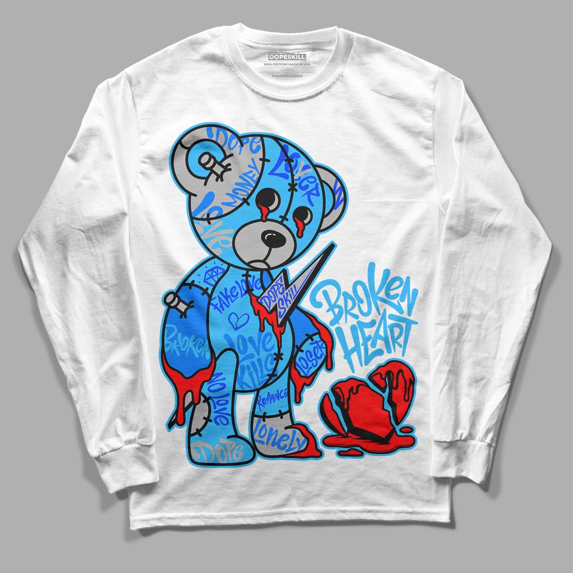 Jordan 2 Low "University Blue" DopeSkill Long Sleeve T-Shirt Broken Heart Graphic Streetwear - White