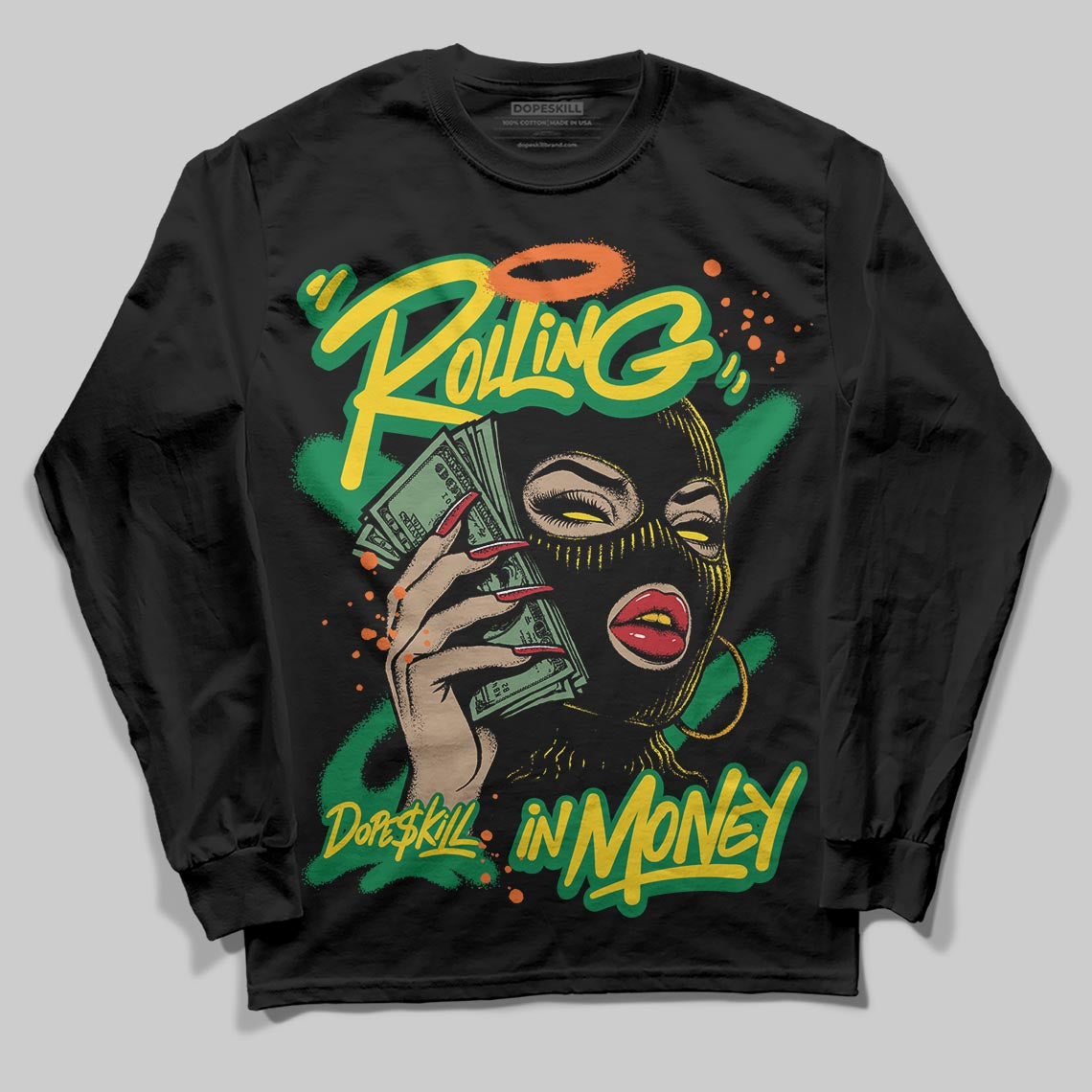 Green Sneakers DopeSkill Long Sleeve T-Shirt Rolling in Money Graphic Streetwear - Black