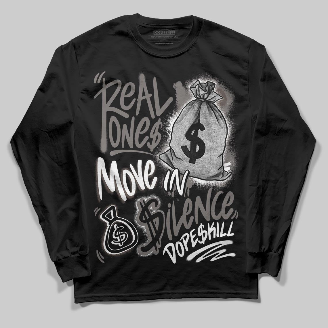Jordan 4 Retro Cave Stone DopeSkill Long Sleeve T-Shirt Real Ones Move In Silence Graphic Streetwear - Black