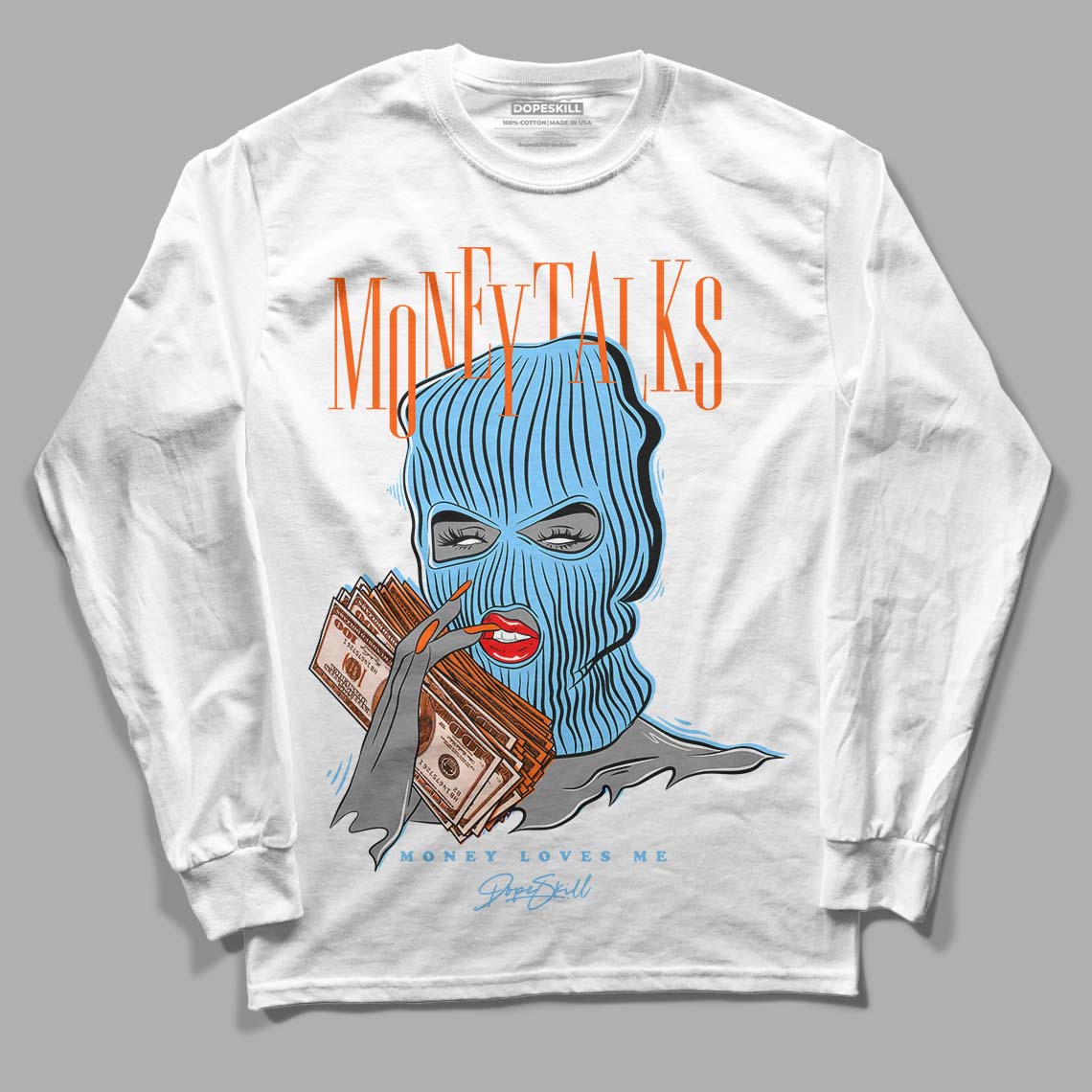 Dunk Low Futura University Blue DopeSkill Long Sleeve T-Shirt Money Talks Graphic Streetwear - White