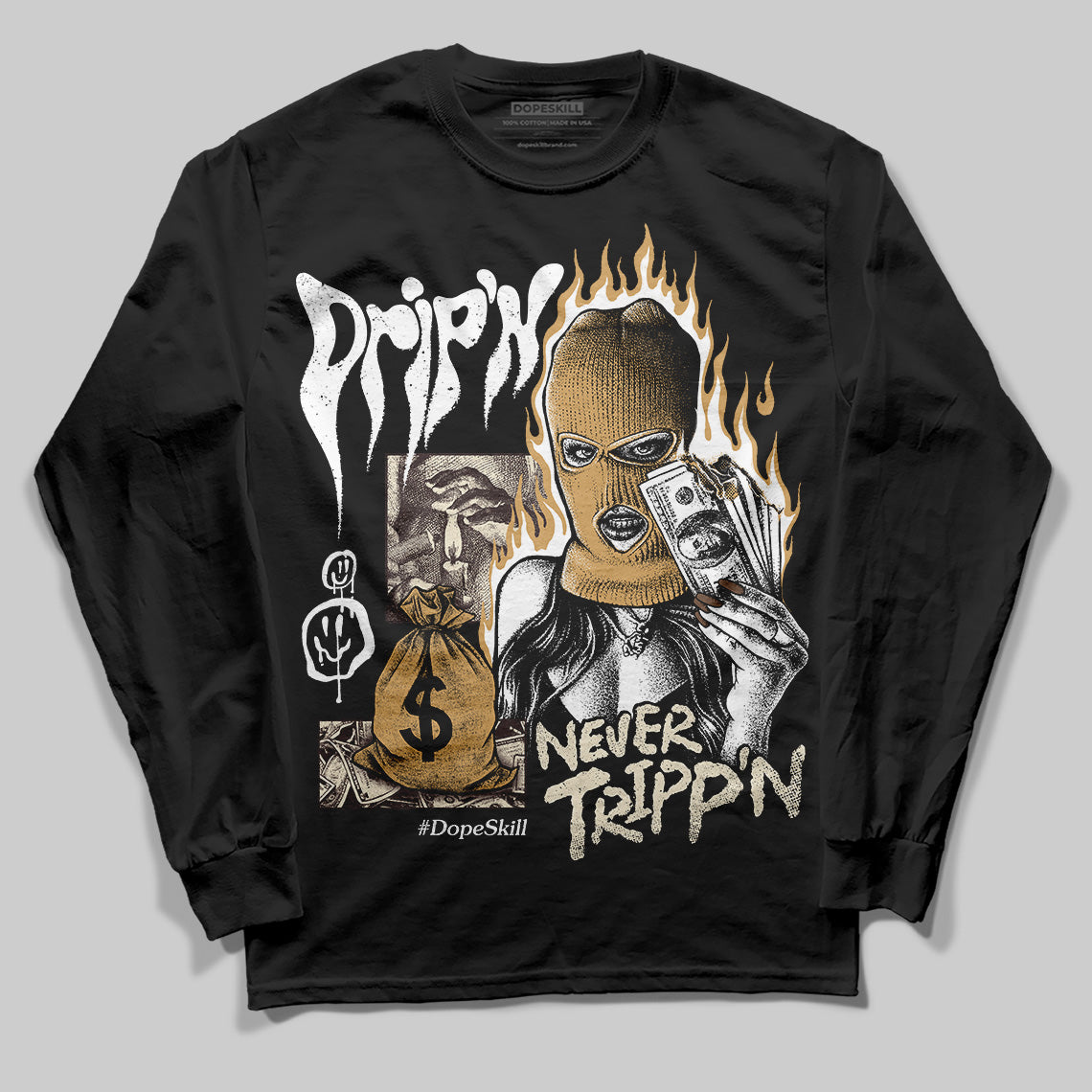 Jordan 5 “Earth/Metallic Gold” DopeSkill Long Sleeve T-Shirt Drip'n Never Tripp'n Graphic Streetwear - Black