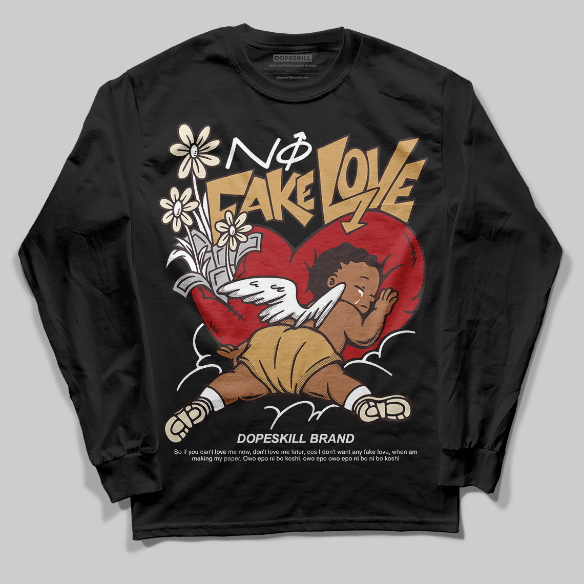 Jordan 5 “Earth/Metallic Gold” DopeSkill Long Sleeve T-Shirt No Fake Love Graphic Streetwear - Black