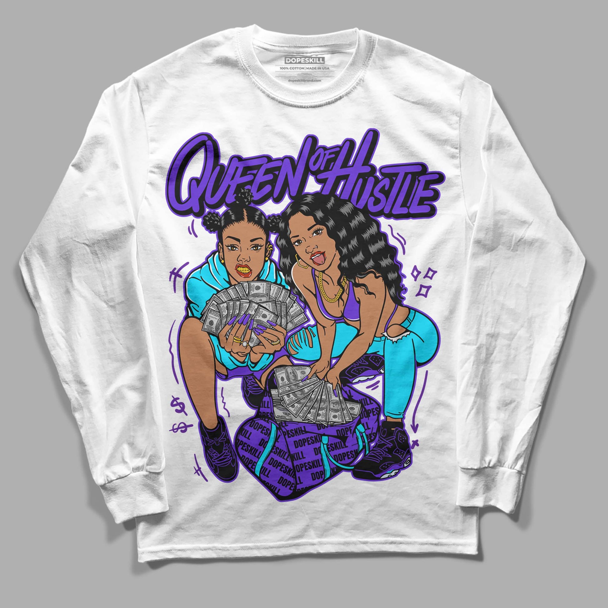 Jordan 6 "Aqua" DopeSkill Long Sleeve T-Shirt Queen Of Hustle Graphic Streetwear - White 