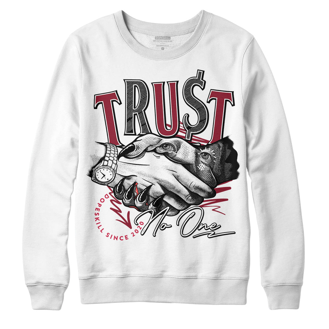 Jordan 1 Retro High '85 OG Metallic Burgundy DopeSkill Sweatshirt Trust No One Graphic Streetwear - White