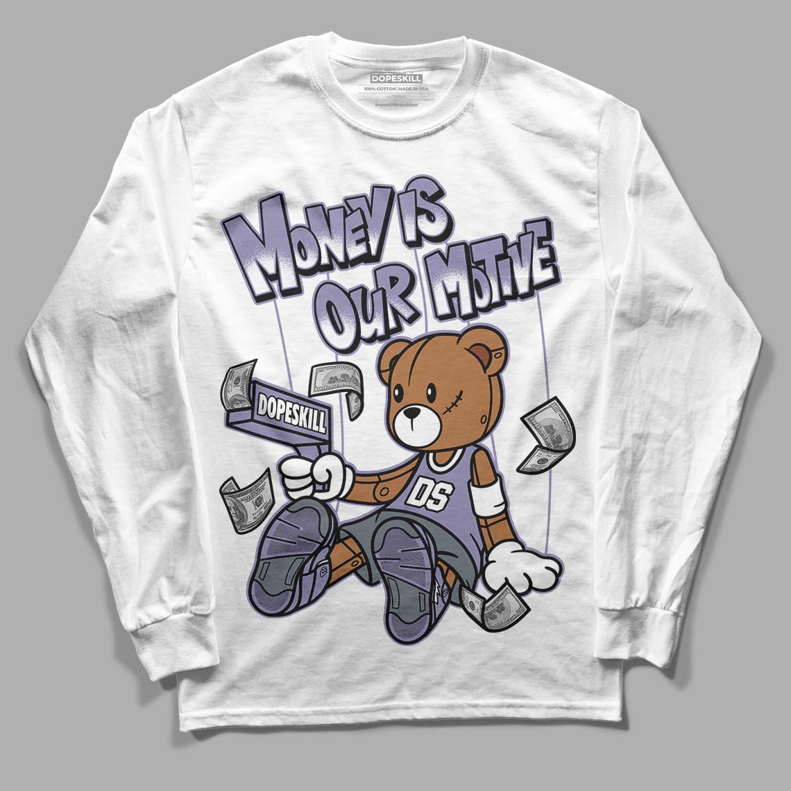 Jordan 5 Retro Low Indigo Haze DopeSkill Long Sleeve T-Shirt Money Is Our Motive Bear Graphic Streetwear - White