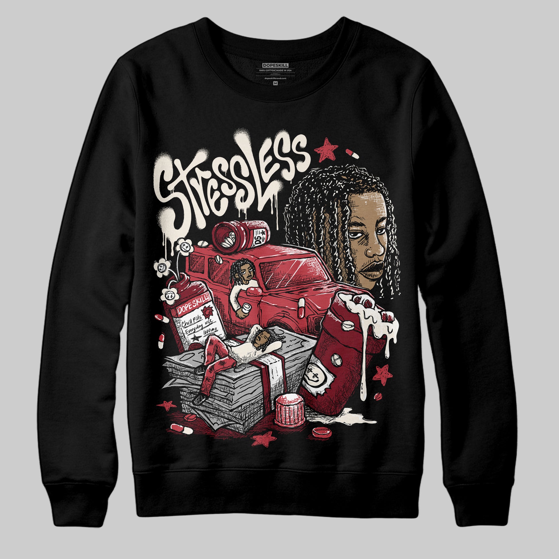 Jordan 4 “Sierra Red" DopeSkill Sweatshirt Stressless Graphic Streetwear - Black