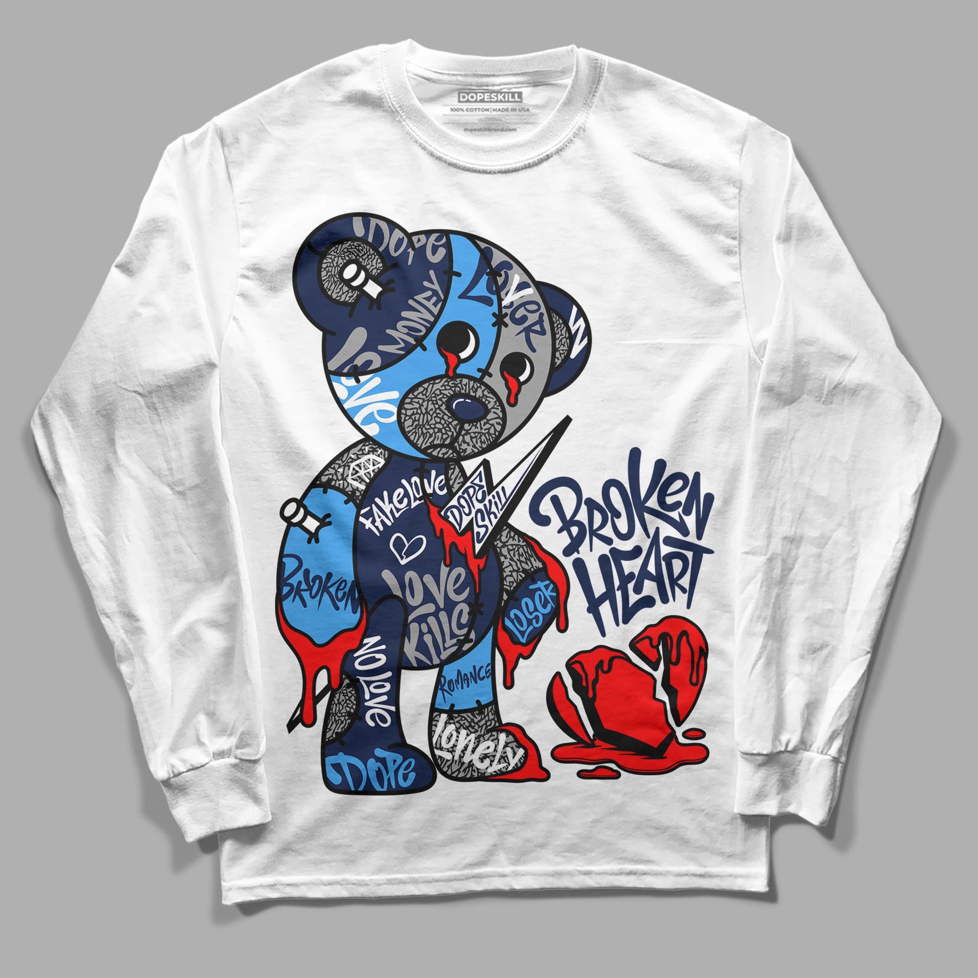 Jordan 3 "Midnight Navy" DopeSkill Long Sleeve T-Shirt Broken Heart Graphic Streetwear - White 