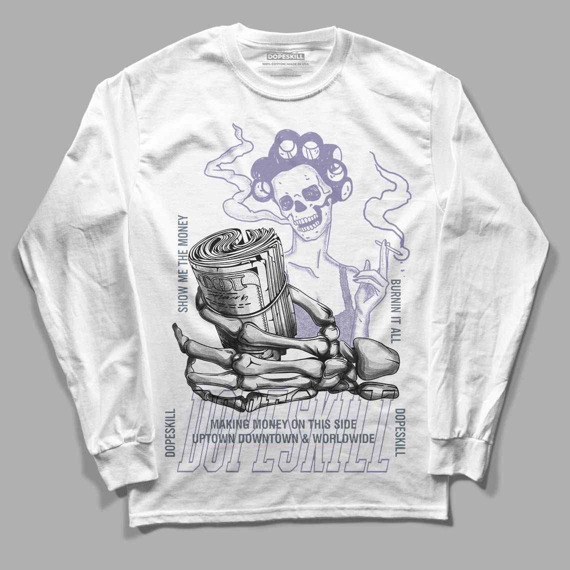 Jordan 5 Retro Low Indigo Haze DopeSkill Long Sleeve T-Shirt Show Me The Money Graphic Streetwear - White