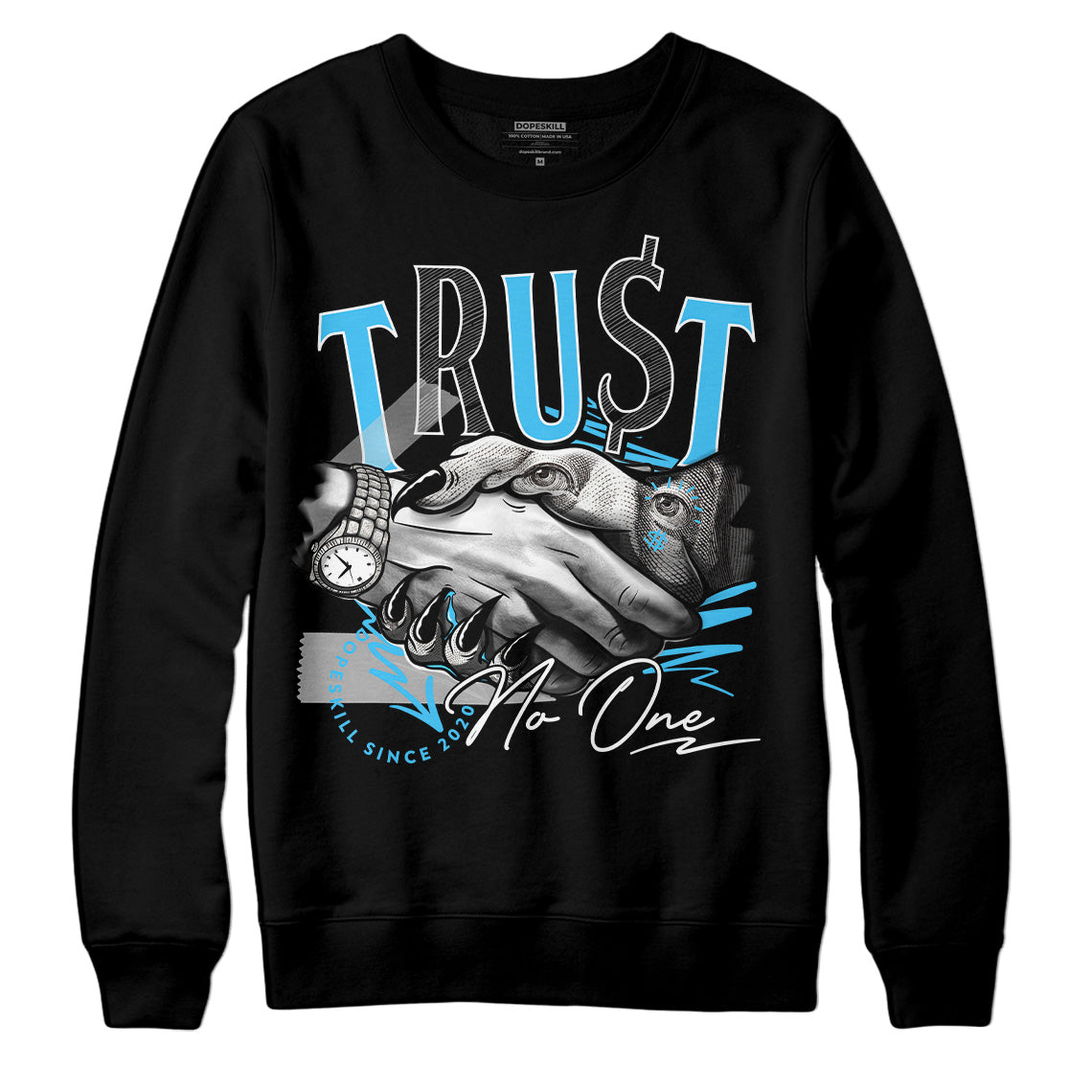 Jordan 13 Retro University Blue DopeSkill Sweatshirt Trust No One Graphic Streetwear - Black 