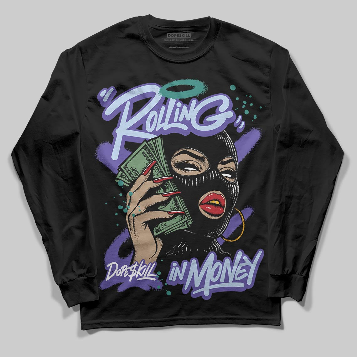 Jordan 5 OG “Grape” DopeSkill Long Sleeve T-Shirt Rolling in Money Graphic Streetwear - Black