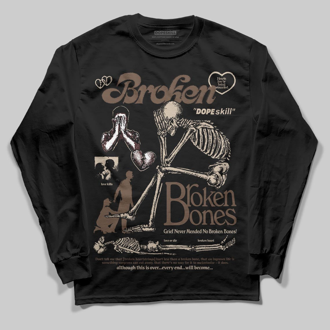 A Ma Maniére x Air Jordan 4 “Dark Mocha” DopeSkill Long Sleeve T-Shirt Broken Bones Graphic Streetwear - Black