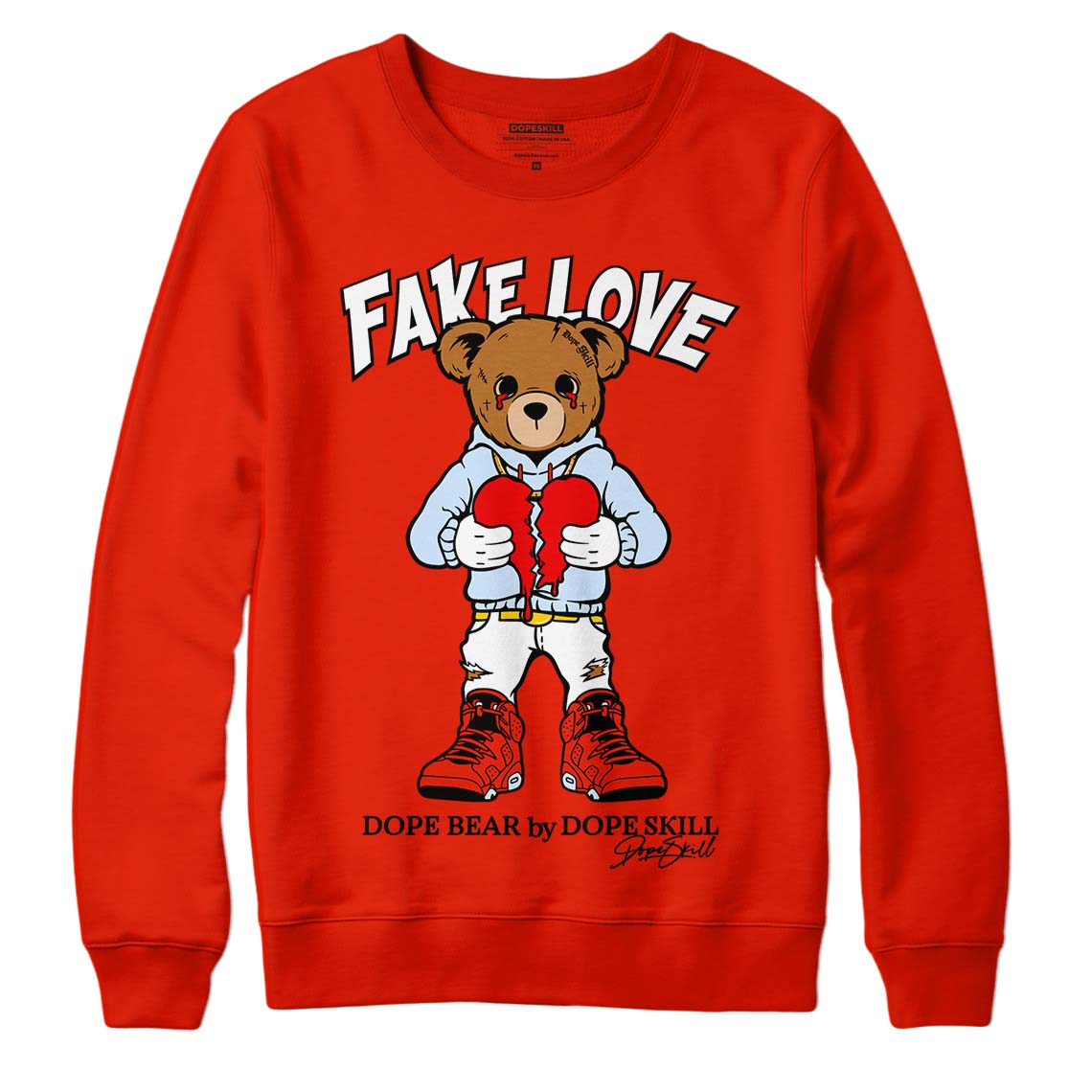 Jordan 6 Retro Toro Bravo DopeSkill Varsity Red Sweatshirt Fake Love Graphic Streetwear