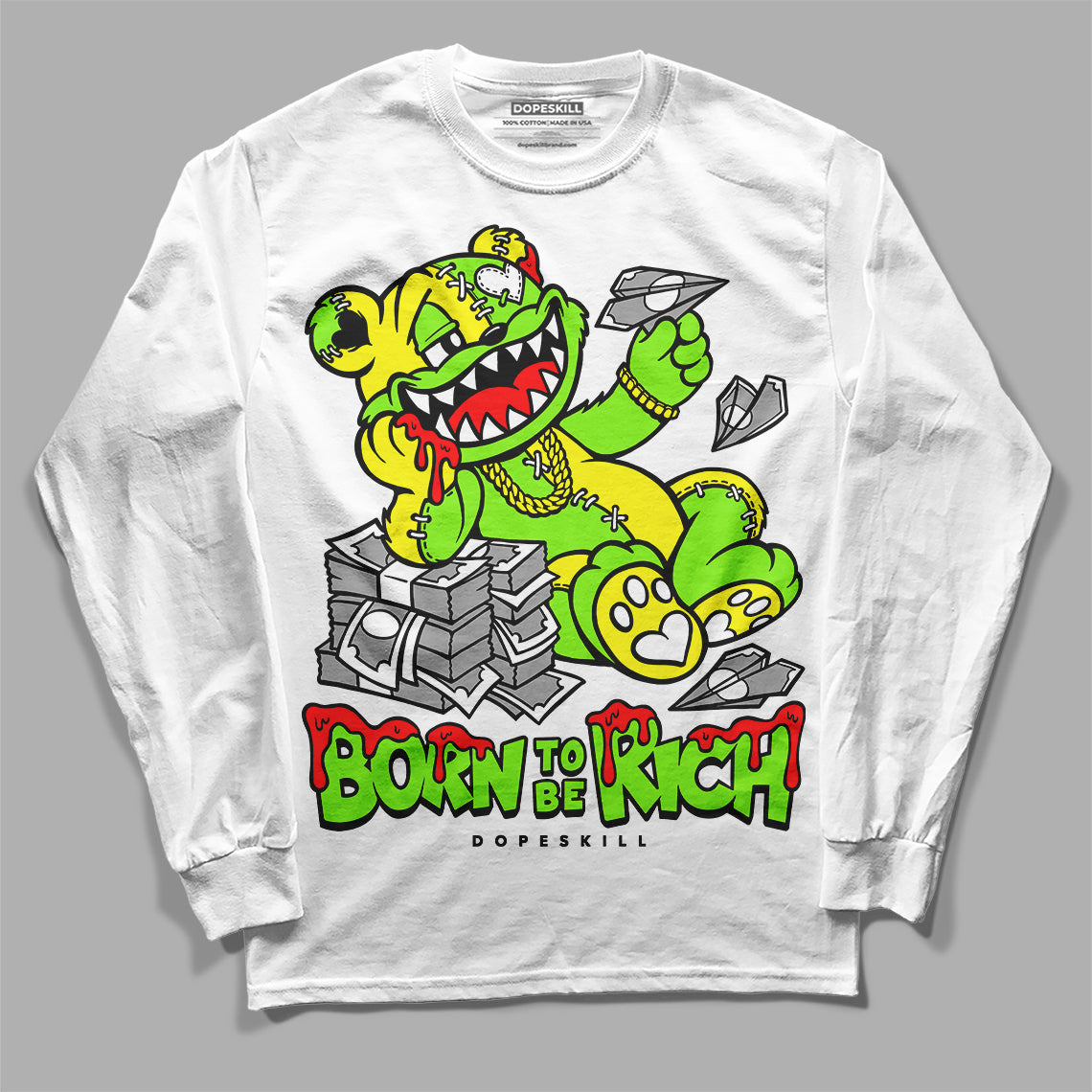 Neon Green Sneakers DopeSkill Long Sleeve T-Shirt Born To Be Rich Graphic Streetwear - White 