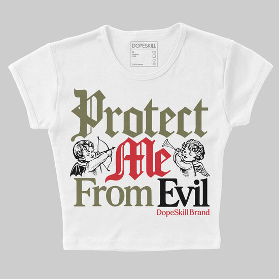 Travis Scott x Jordan 1 Medium Olive DopeSkill Women's Crop Top Protect Me From Evil Graphic Streetwear - White