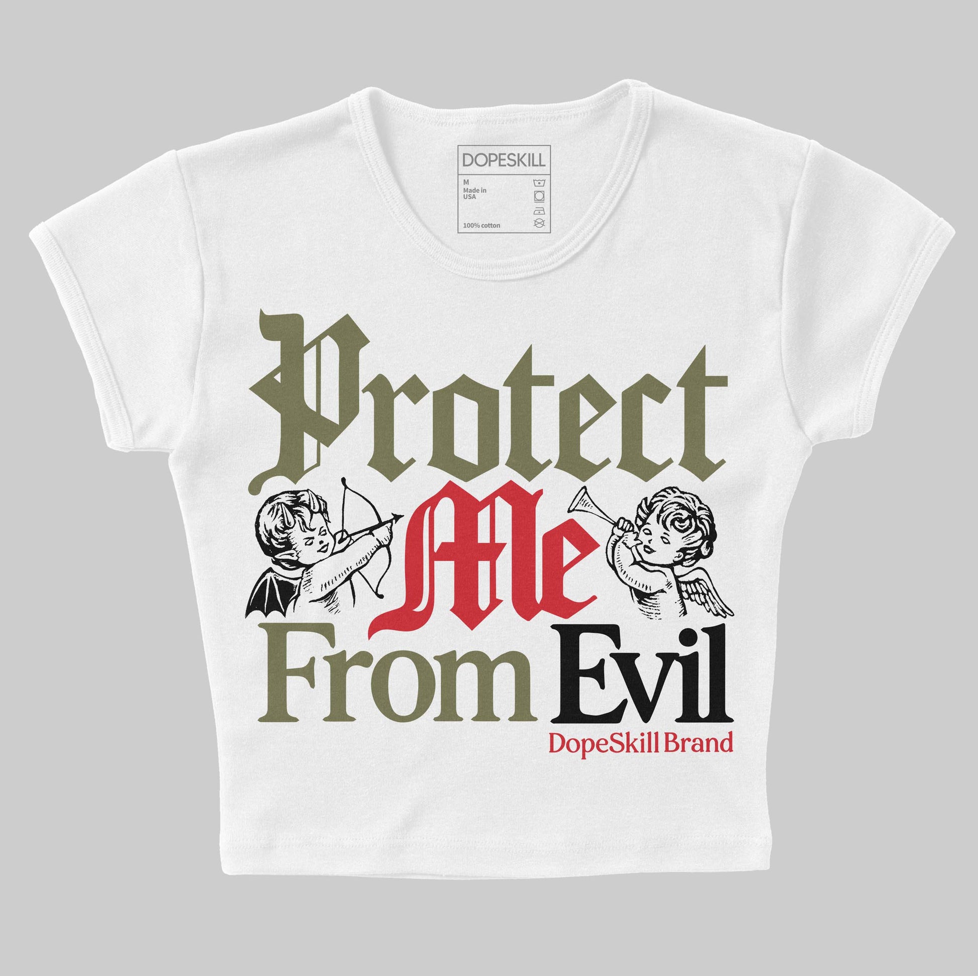 Travis Scott x Jordan 1 Medium Olive DopeSkill Women's Crop Top Protect Me From Evil Graphic Streetwear - White