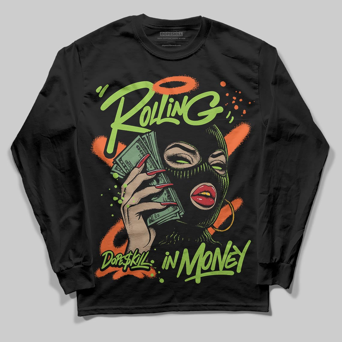 Neon Green Sneakers DopeSkill Long Sleeve T-Shirt Rolling in Money Graphic Streetwear - Black