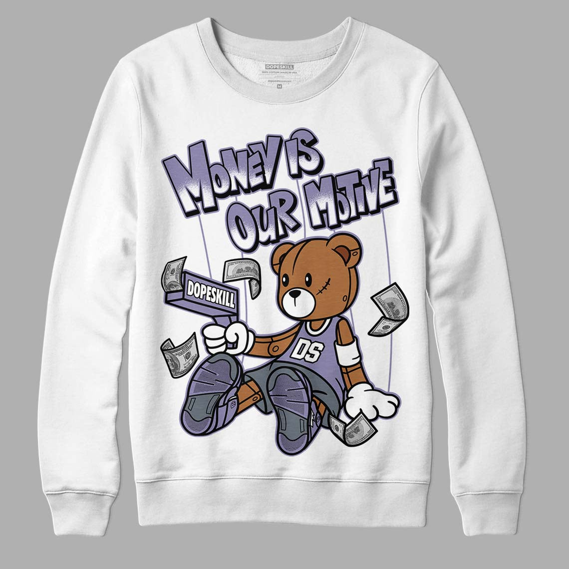 Jordan 5 Retro Low Indigo Haze DopeSkill Sweatshirt Money Is Our Motive Bear Graphic Streetwear - White