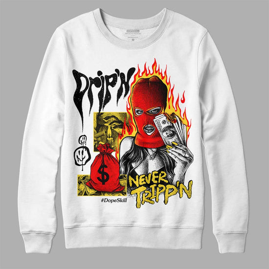 Jordan 4 Thunder DopeSkill Sweatshirt Drip'n Never Tripp'n Graphic Streetwear - White