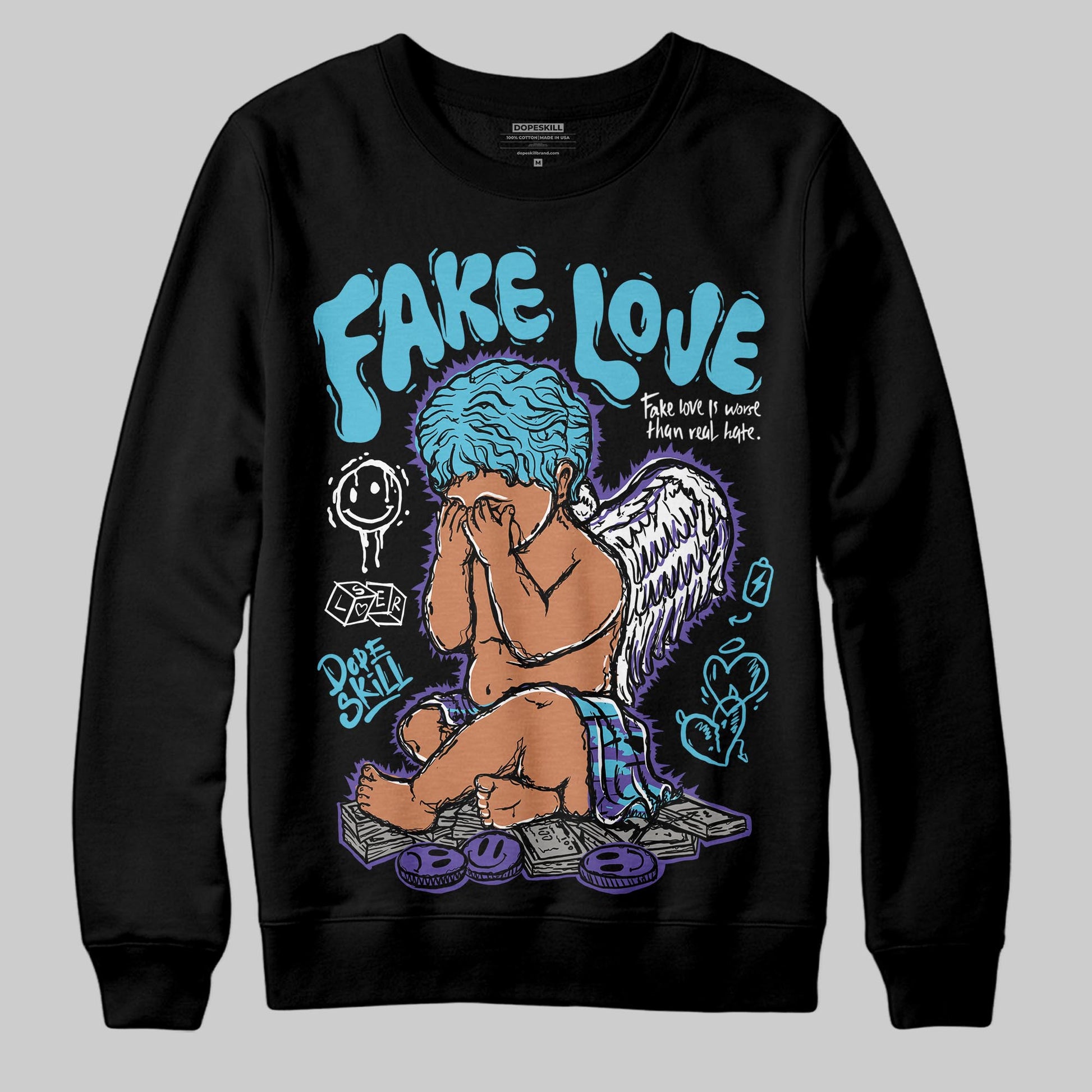Jordan 8 Retro 'Aqua' 2025 DopeSkill Sweatshirt False Love Graphic Streetwear - Black