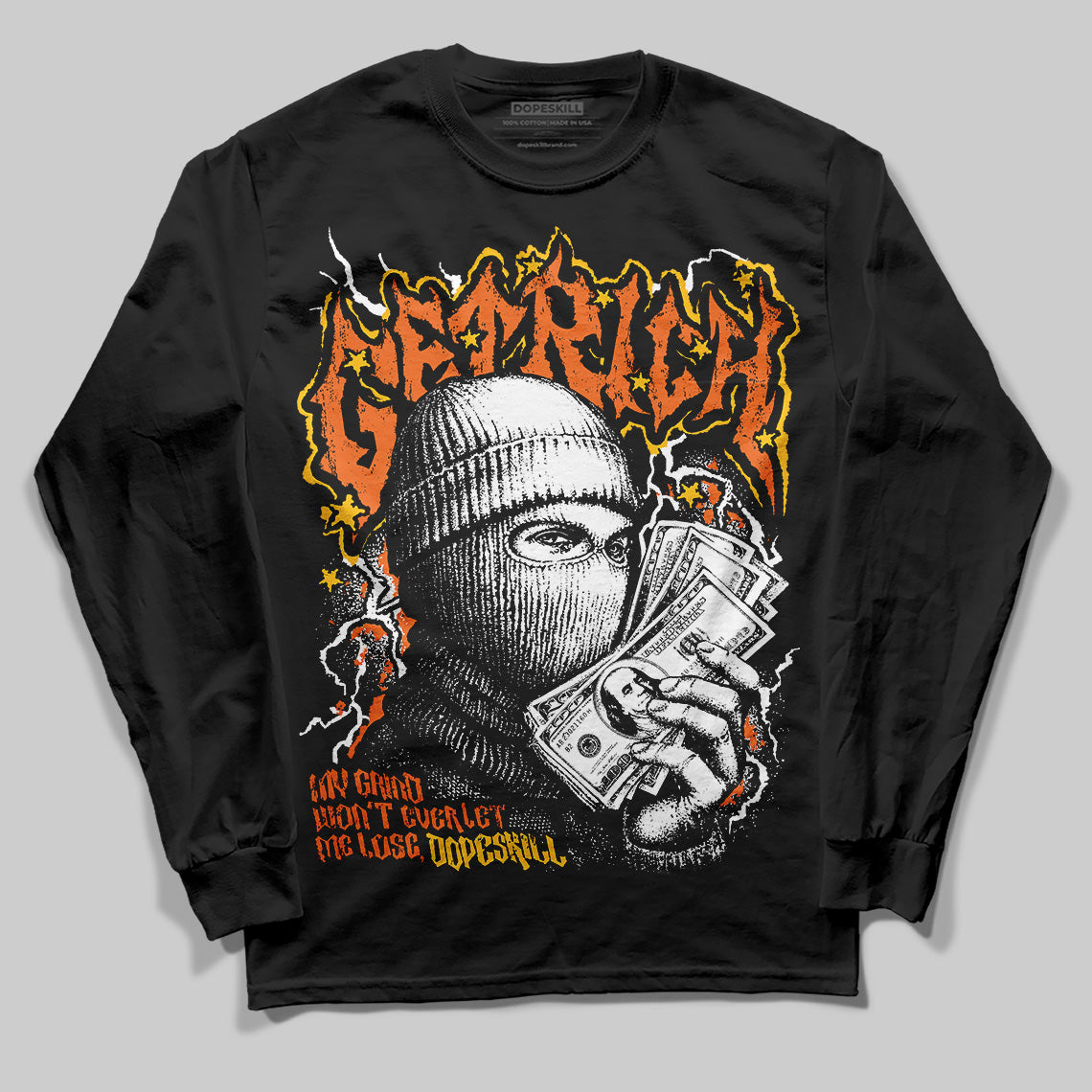 Orange, Black & White Sneakers DopeSkill Long Sleeve T-Shirt New Get Rich Graphic Streetwear - Black