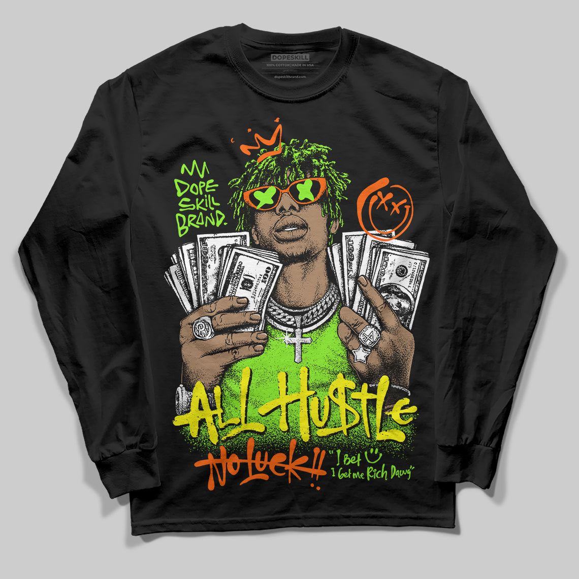 Neon Green Sneakers DopeSkill Long Sleeve T-Shirt All Hustle No Luck Graphic Streetwear - Black