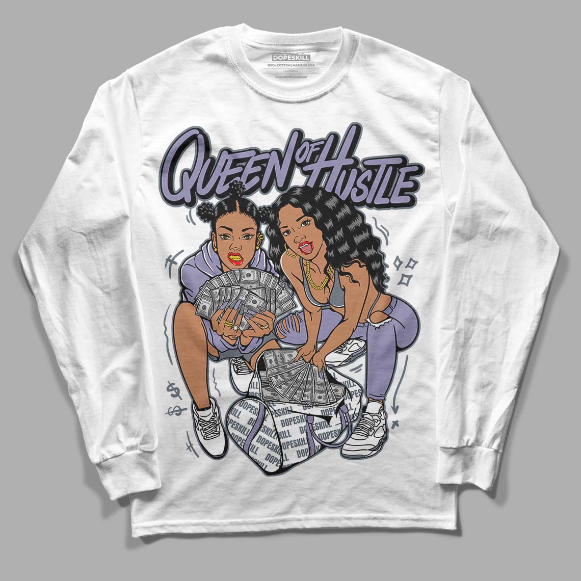 Jordan 5 Retro Low Indigo Haze DopeSkill Long Sleeve T-Shirt Queen Of Hustle Graphic Streetwear - White