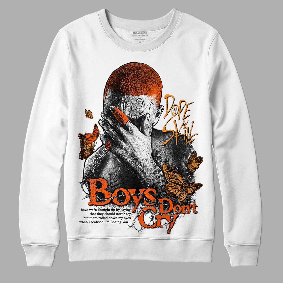 Jordan 12 Retro Brilliant Orange DopeSkill Sweatshirt Boys Don't Cry Graphic Streetwear - White