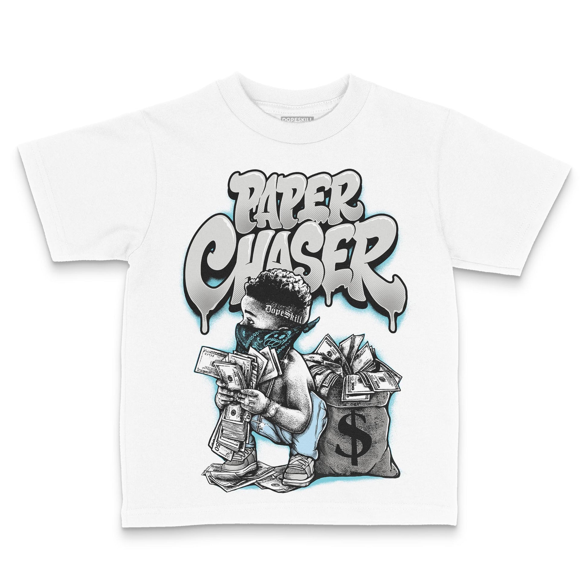 Jordan 4 Retro GS “Blue Chill” DopeSkill Toddler Kids T-shirt Paper Chaser Boy Graphic Streetwear - White