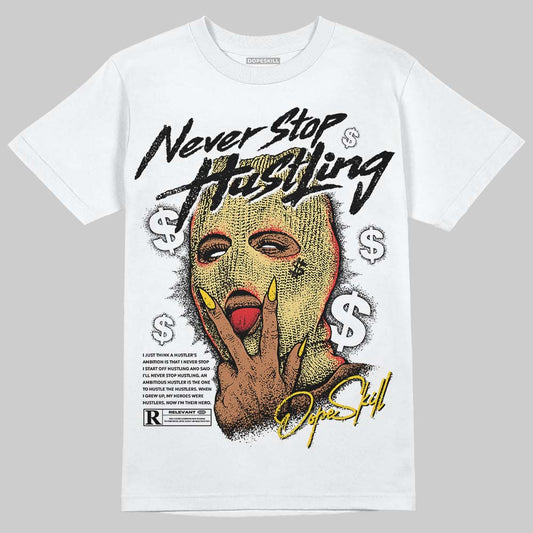 Quai 54 x Air Jordan 1 Retro Low OG Tour Yellow Black DopeSkill T-Shirt Never Stop Hustling Graphic Streetwear - White