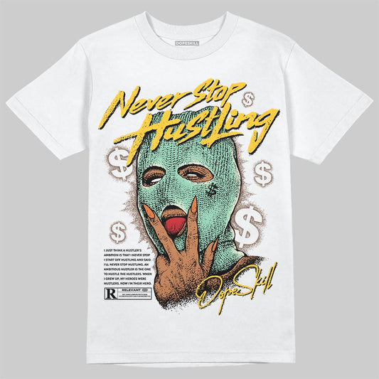 SB Dunk Low Rodeo Tourmaline DopeSkill T-Shirt Never Stop Hustling Graphic Streetwear - White