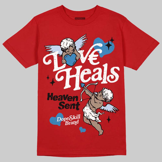 Jordan 5 Retro Fire Red Black Tongue (2025) DopeSkill T-Shirt New Love Heals Graphic Streetwear - Red
