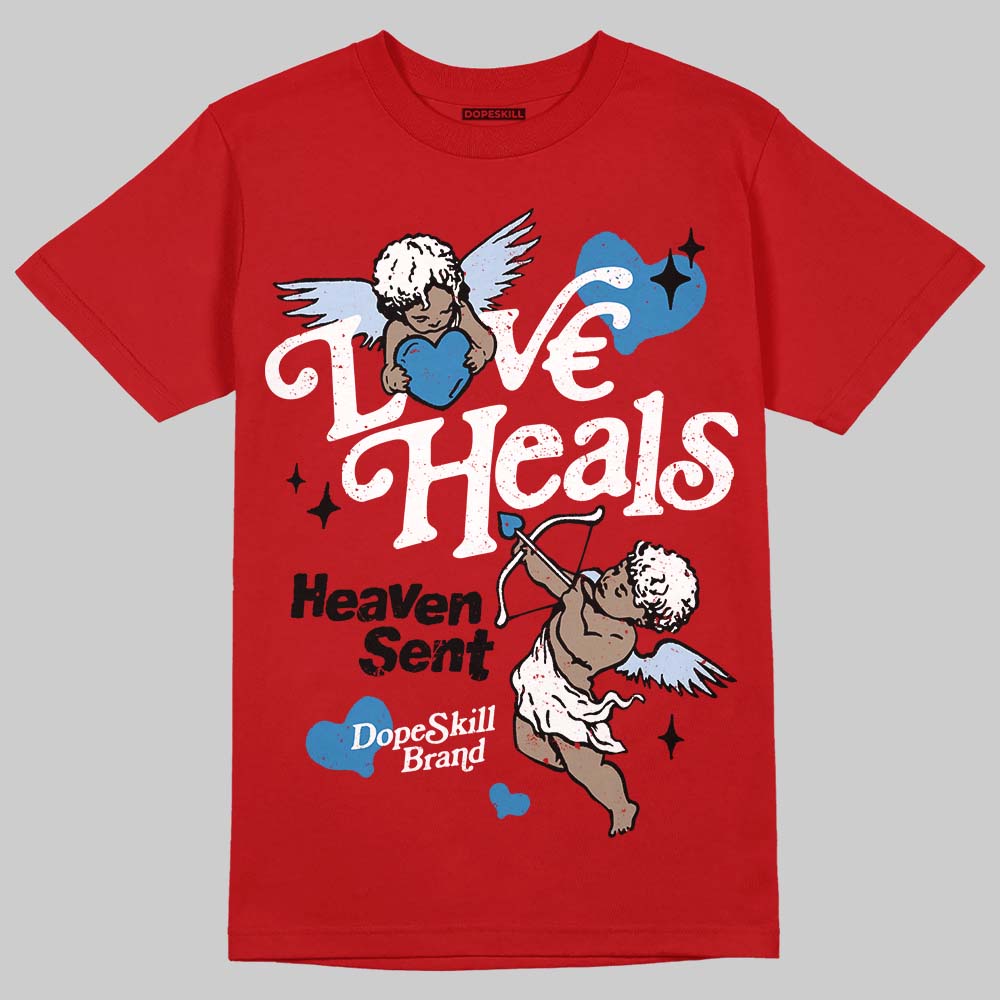 Jordan 5 Retro Fire Red Black Tongue (2025) DopeSkill T-Shirt New Love Heals Graphic Streetwear - Red