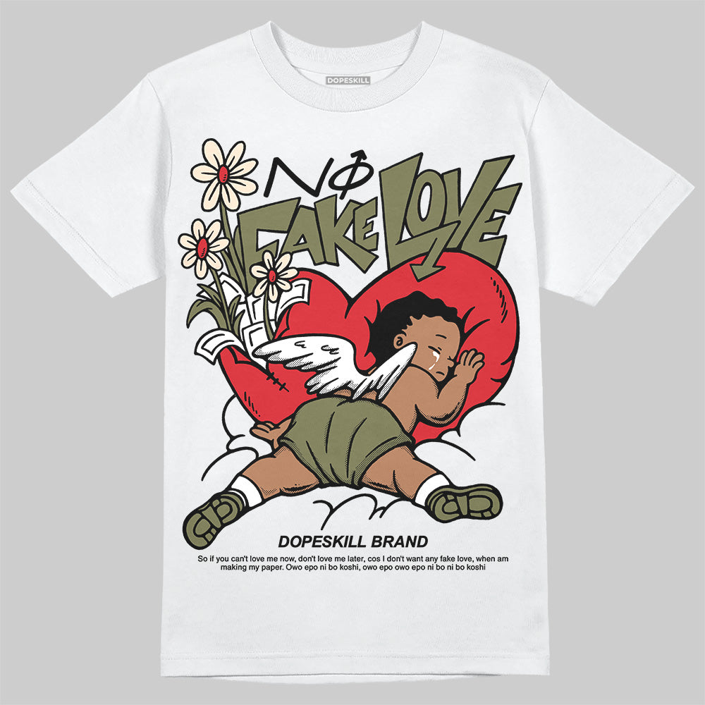 Travis Scott x Jordan 1 Medium Olive DopeSkill T-Shirt No Fake Love Graphic Streetwear - White