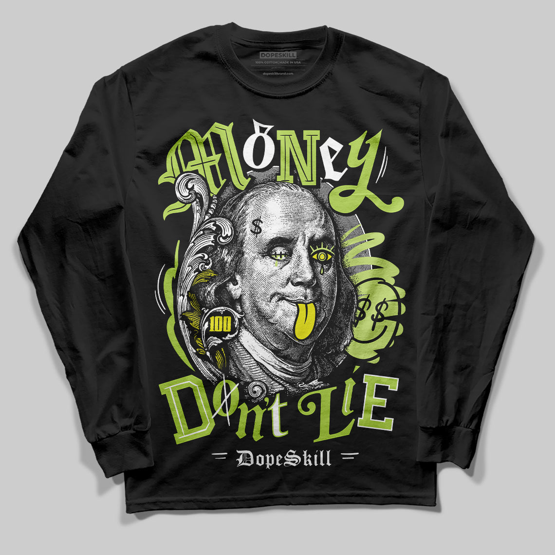 Jordan 13 Retro Bright Cactus DopeSkill Long Sleeve T-Shirt Money Don't Lie Graphic Streetwear - Black