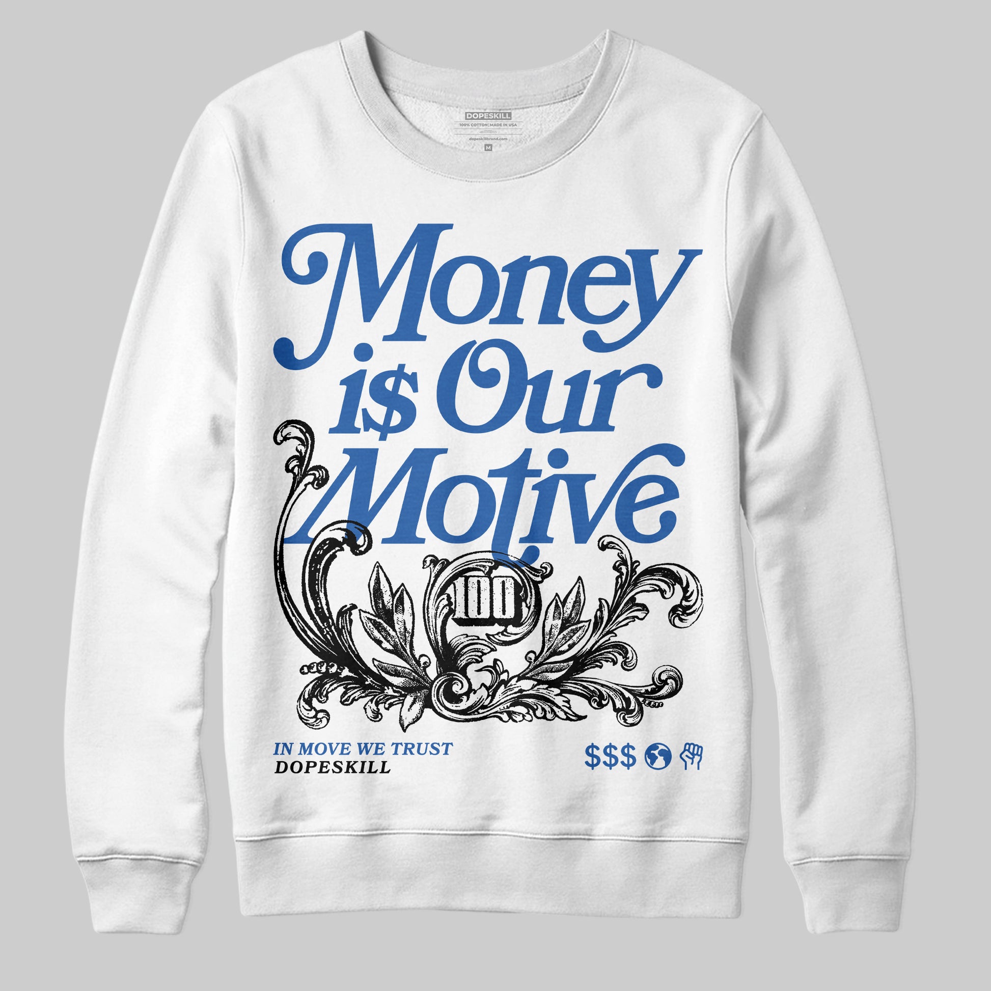 Jordan 12 “Blueberry” DopeSkill Sweatshirt Money Is Our Motive Typo Graphic Streetwear -White