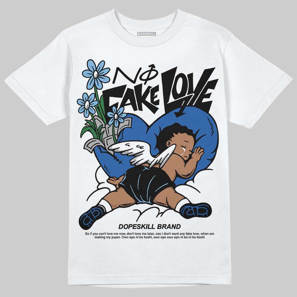 Air Foamposite One “International Blue” DopeSkill T-Shirt No Fake Love Graphic Streetwear - White