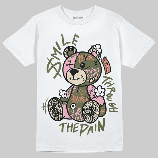 SB Dunk Low Pro x Arts-Rec Skateshop Rust Pink and Rough Green DopeSkill T-Shirt Smile Through The Pain Graphic Streetwear - White 