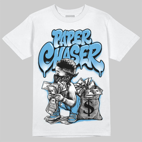 Jordan 14 Retro Black and University Blue DopeSkill T-Shirt Paper Chaser Boy Graphic Streetwear - White
