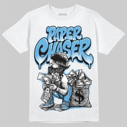 Jordan 14 Retro Black and University Blue DopeSkill T-Shirt Paper Chaser Boy Graphic Streetwear - White