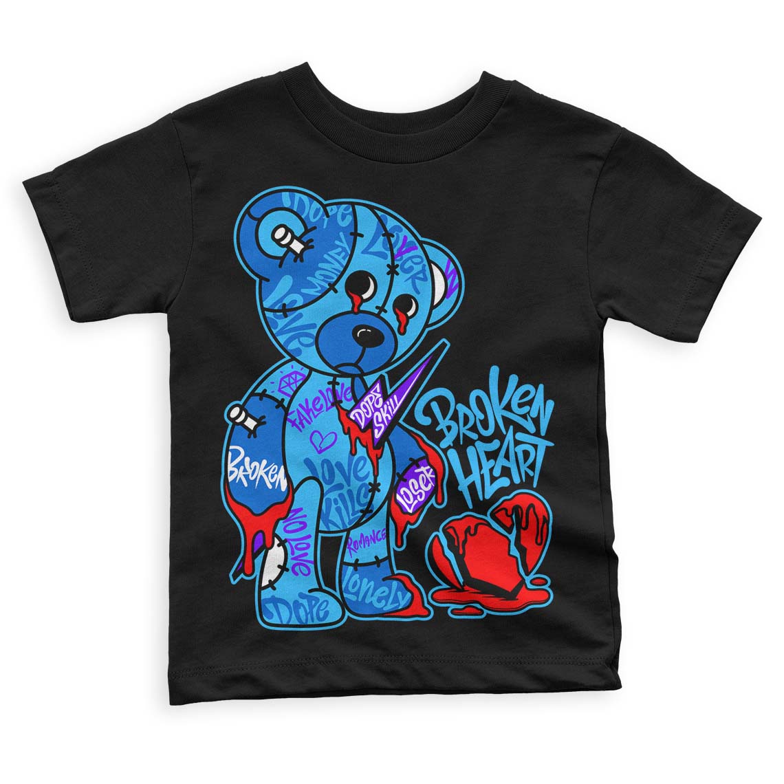 Jordan 1 High Retro OG “University Blue” DopeSkill Toddler Kids T-shirt Broken Heart Graphic Streetwear  - Black 